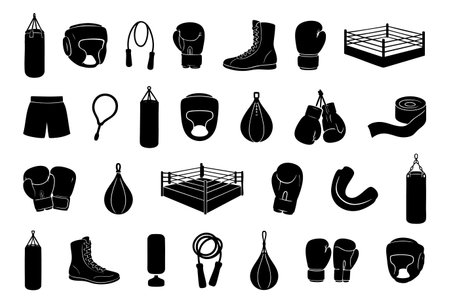 Black silhouette collection of boxing equipment and accessories isolated on white background, graphic illustration. concept of sports gear, fitness items, gym tools, design element set.のイラスト素材