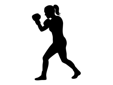 Black silhouette of female boxer in boxing stance, isolated on white background, graphic illustration. concept of fitness, strength, martial arts, sports figure, design element.のイラスト素材