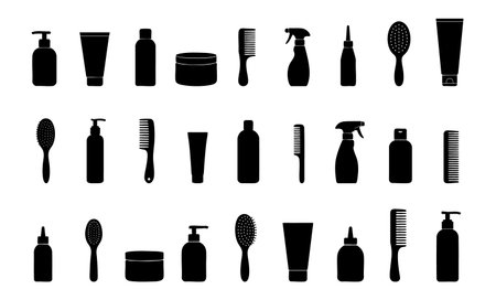 Black silhouettes of hair care products and tools, isolated on white background, graphic illustration. concept of beauty products, styling essentials, salon accessories, design element.のイラスト素材