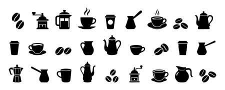 Set of black coffee items and equipment icons in silhouette isolated on white background, illustration. Concept of coffee drinks, mugs, beans, cups, coffee makers, barista tools, design elements.のイラスト素材