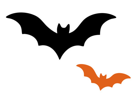 Silhouette of black bat with small orange bat, isolated on white background. concept of halloween, spooky decoration, icon, nocturnal animal, vampire theme, design element.のイラスト素材