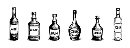 Black and white sketch of assorted alcohol glass bottles featuring wine, whiskey, rum, cognac, liqueur, and vodka isolated on white background. concept of beverages, alcohol, icon, art, design.のイラスト素材