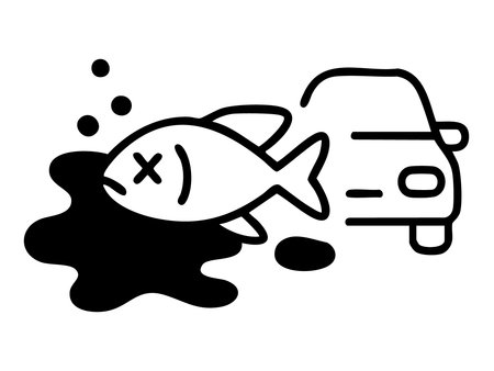 Icon of environmental pollution with dead fish and car emissions, illustration on white background. concept of ecology, pollution, environmental impact, ocean, design element.のイラスト素材