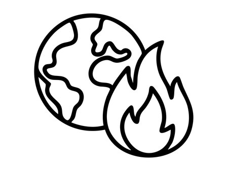 Black outline of earth and flame icon isolated on white background, graphic illustration. concept of environmental pollution, global warming, climate change, earth crisis, warning symbol.のイラスト素材