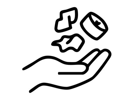 Black outline of hand with litter floating above, isolated on white background, graphic illustration. concept of environmental pollution, waste management, recycling, icon, design element.のイラスト素材