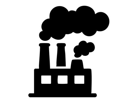 Black silhouette of factory with smoke stacks emitting clouds, isolated on white background, graphic illustration. concept of environmental pollution, industry, icon, design element.のイラスト素材