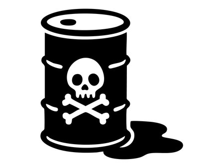 Black silhouette of hazardous waste barrel with skull and crossbones, isolated on white background. concept of toxic waste, pollution, environmental hazard, danger icon, safety.のイラスト素材