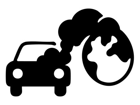 Black silhouette of car emitting pollution next to earth, graphic illustration. concept of environmental damage, climate change, air quality issues, eco awareness, design element.のイラスト素材