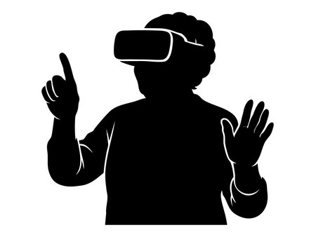 Silhouette of elderly woman engaged in virtual reality experience with headset, graphic illustration. concept of vr, immersive technology, futuristic entertainment, gaming, isolated.のイラスト素材
