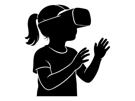 Black silhouette of child girl wearing vr headset and raising hands, isolated on white background, graphic illustration. concept of virtual reality, technology, futuristic gaming.のイラスト素材