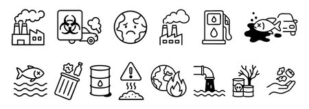 Black outline environmental pollution icons set, isolated on white background, graphic illustration. concepts of waste, contamination, earth damage, pollution icons collection.のイラスト素材