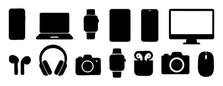 Black silhouettes of electronic devices isolated on white background, graphic illustration. concept of gadget, technology, modern electronics, icon, design element, digital.のイラスト素材