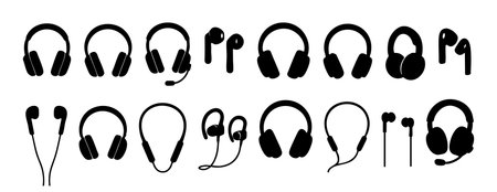 Black silhouettes of various headphones and earphones, isolated on white background, graphic illustration. concept of music, audio technology, sound, gadget, icon, design element.のイラスト素材