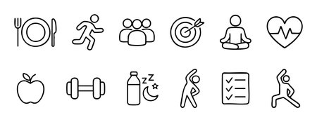 Black outline icon set of health and fitness symbols isolated on white background, graphic illustration. concept of exercise, nutrition, wellness, yoga, sports, meditation.のイラスト素材
