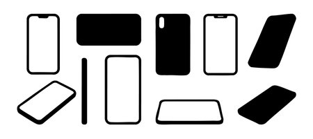 Set of Black silhouette of various smartphone and mobile phone outlines, isolated on white background, graphic illustration. concept of technology, communication, gadget, icon, design element.のイラスト素材