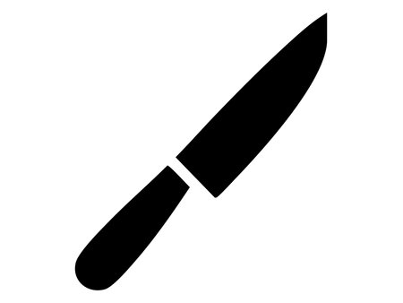 Black silhouette of kitchen knife isolated on white background, graphic illustration. concept of cooking tool, culinary, sharp blade, utensil, chef equipment, design element.のイラスト素材