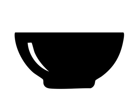 Black silhouette of bowl isolated on white background, graphic illustration. concept of kitchenware, ceramic dish, cooking, tableware, icon, design element.のイラスト素材