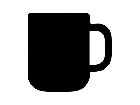 Black silhouette of a coffee mug, isolated on white background, graphic illustration. concept of drinkware, hot beverage container, cafe icon, kitchen utensil, design element.のイラスト素材