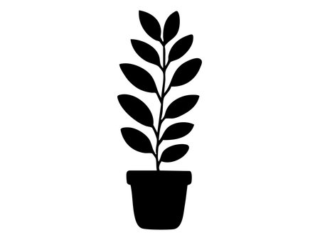 Black silhouette of potted plant isolated on white background, graphic illustration. concept of houseplant, botany, home decor, green living, plant care, design element.のイラスト素材