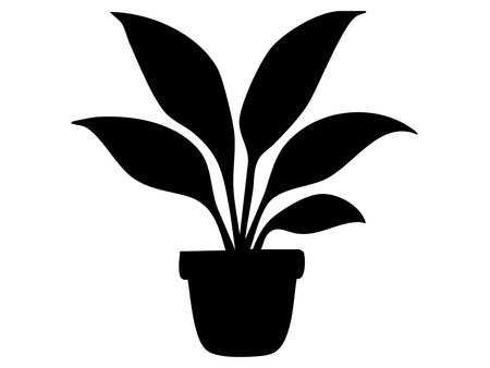 Black silhouette of potted plant isolated on white background, graphic illustration. concept of botanical icon, home decor, indoor foliage, houseplant, minimalist design art.のイラスト素材