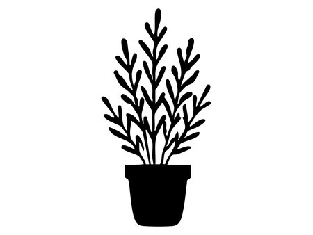 Black silhouette of potted plant with leafy branches, isolated on white background, graphic illustration. concept of home decor, indoor plant, botanical art, icon, design element.のイラスト素材