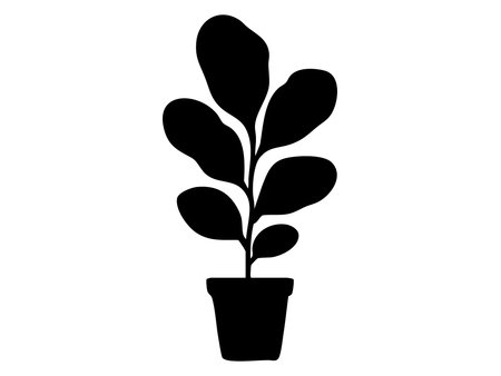 Black silhouette of potted plant with large leaves, isolated on white background, botanical illustration. concept of indoor plant, nature icon, home decor, design element.のイラスト素材