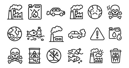 Black and white environmental pollution icons set with factories, cars, earth, skull, fish, trees, and trash can. concept of ecology, hazard, emission waste pollution.のイラスト素材