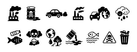 Environmental pollution icons set featuring factories, cars, and oil drums with skull symbols, graphic illustration. concept of pollution, danger, waste, eco-awareness, design element.のイラスト素材