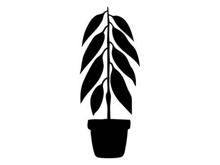 Black silhouette of potted plant with long leaves isolated on white background, botanical illustration. concept of houseplant, indoor decor, home gardening, natural design element.のイラスト素材