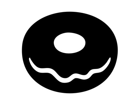 Black silhouette of donut with glaze and hole in center, isolated on white background, graphic illustration. Concept of sweet pastry, dessert, bakery snack, food icon, design element.のイラスト素材