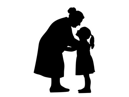 Black silhouette of elderly woman and child embracing together, isolated on white background, graphic illustration. concept of family, maternal love, bonding, parenting, icon, design element.のイラスト素材
