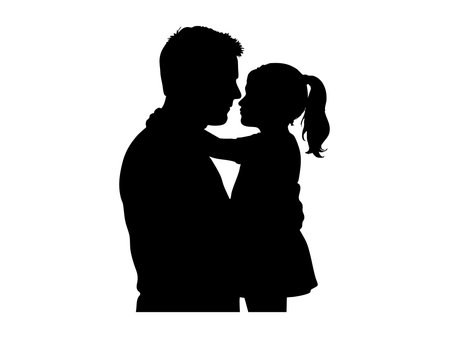 Black silhouette of man holding a child isolated on white background, graphic illustration. concept of family bond, parenthood, love, father's day, relationship, caring.のイラスト素材