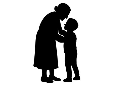 Black silhouette of hugging elderly woman with child isolated on white background, graphic illustration. concept of family, parenting, bonding, relationship, icon, design element.のイラスト素材