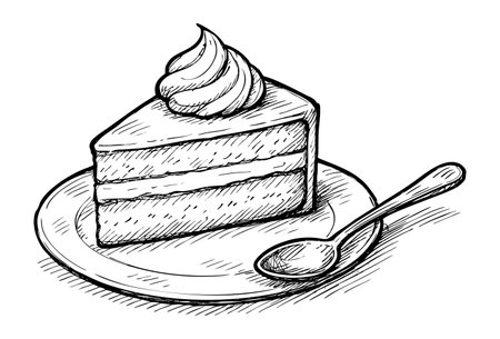 Black and white illustration of a slice of cake on a plate with spoon, isolated on white background. concept of dessert, pastry, sweet treat, cafe decor, bakery icon, menu design.のイラスト素材