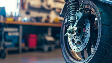 Close up of motorcycle wheel in workshop setting. concept of engineering precision, mechanical...