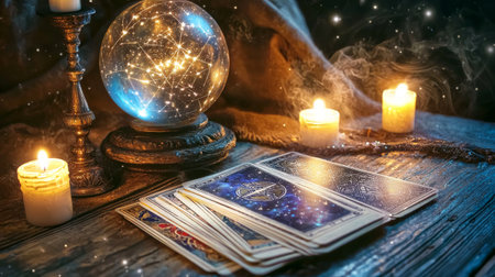 Mystical scene with tarot cards, crystal ball, and candles for astrology on rustic wooden table....