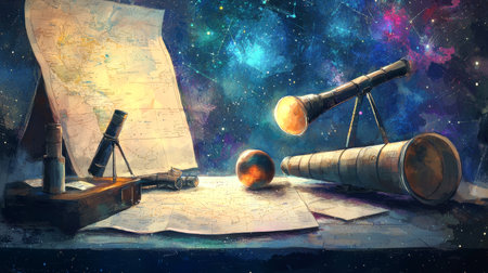 Watercolor planetarium banner with telescopes, celestial maps, and cosmic scenery. concept of...