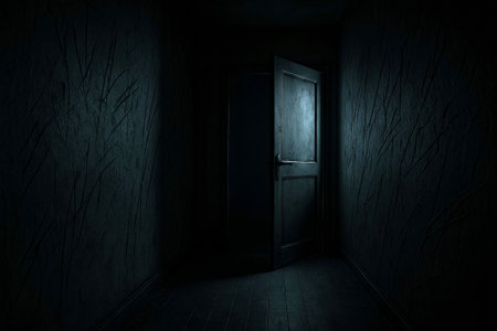 Dark corridor with light streaming through open door in spooky dim interior. concept of mysterious passage, eerie atmosphere, dark space, horror, halloween.の写真素材