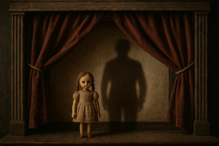 Creepy vintage wooden doll standing on dark stage with ominous human shadow behind curtain. Concept...