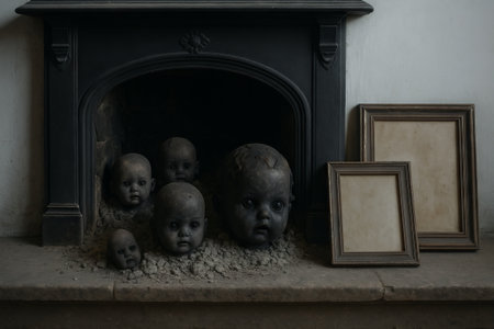 burned baby doll heads inside old fireplace with ash and empty picture frames on floor. Concept of haunted house horror, Halloween interior, creepy vintage surreal decor.の写真素材