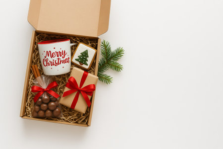 Christmas gift set with mug, cookies, and presents in festive packaging. concept of holiday cheer,...