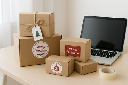 Christmas gift boxes and laptop on desk with festive decor. concept of present wrapping, holiday...