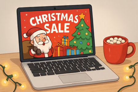 Christmas sale on laptop with santa, presents, and christmas tree illustration. concept of online holiday shopping, festive decor, cozy winter vibes.