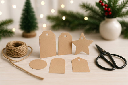 Gift tags and stickers on wooden table with twine, scissors, and christmas decor in background....