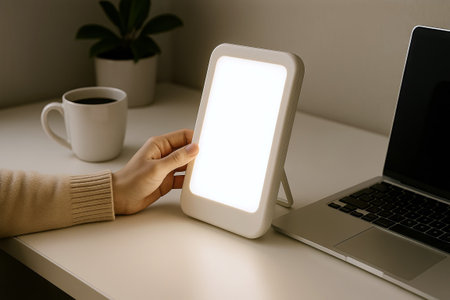 Female hand adjusting bright light therapy lamp on home office desk with laptop and coffee cup....