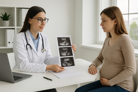 Female doctor discussing ultrasound results with pregnant woman in medical office. concept of...