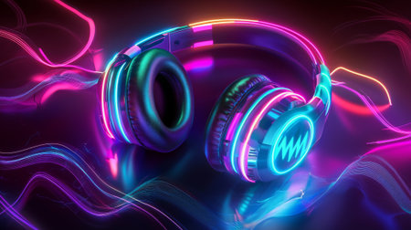 Vibrant neon headphones with dynamic audio waveforms on dark background. concept of futuristic music...