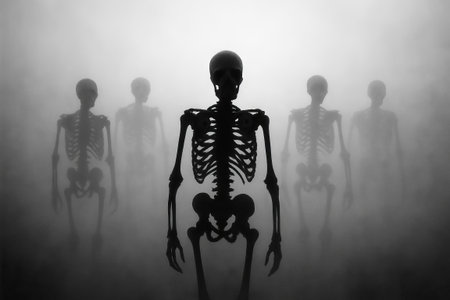 Skeletons in dense fog creating an eerie atmosphere. concept of mystery, halloween, spooky scene,...