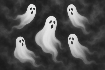 Illustration of ghosts in misty fog creating a spooky atmosphere. concept of halloween, haunting...