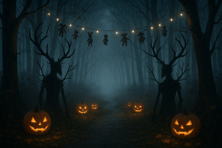 Glowing jack-o-lanterns in a mysterious forest at night with string lights and shadowy figures. concept of halloween, spooky atmosphere, nighttime wilderness.の写真素材
